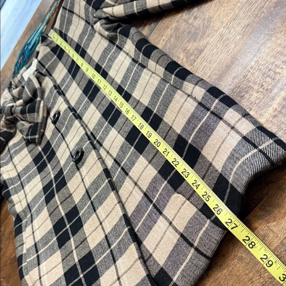 KATE SPADE Tan & Black Plaid Wool Blend Jacket Double Breasted Bow Collar Size M